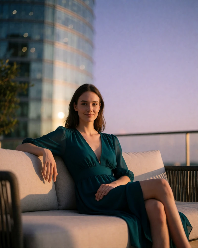 Woman in a deep teal dress seated on an outdoor terrace sofa in Houston at dusk with a glass tower blurred behind her