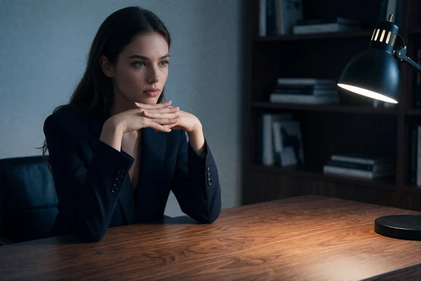 Woman in a dark blazer sitting at a walnut desk in a dim home office with a focused expression