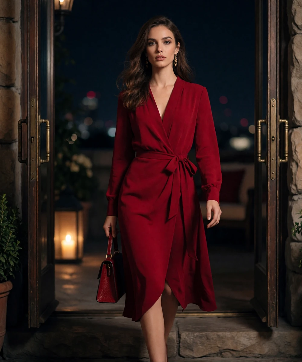 Woman in a red wrap dress glancing back over her shoulder while entering a rooftop terrace