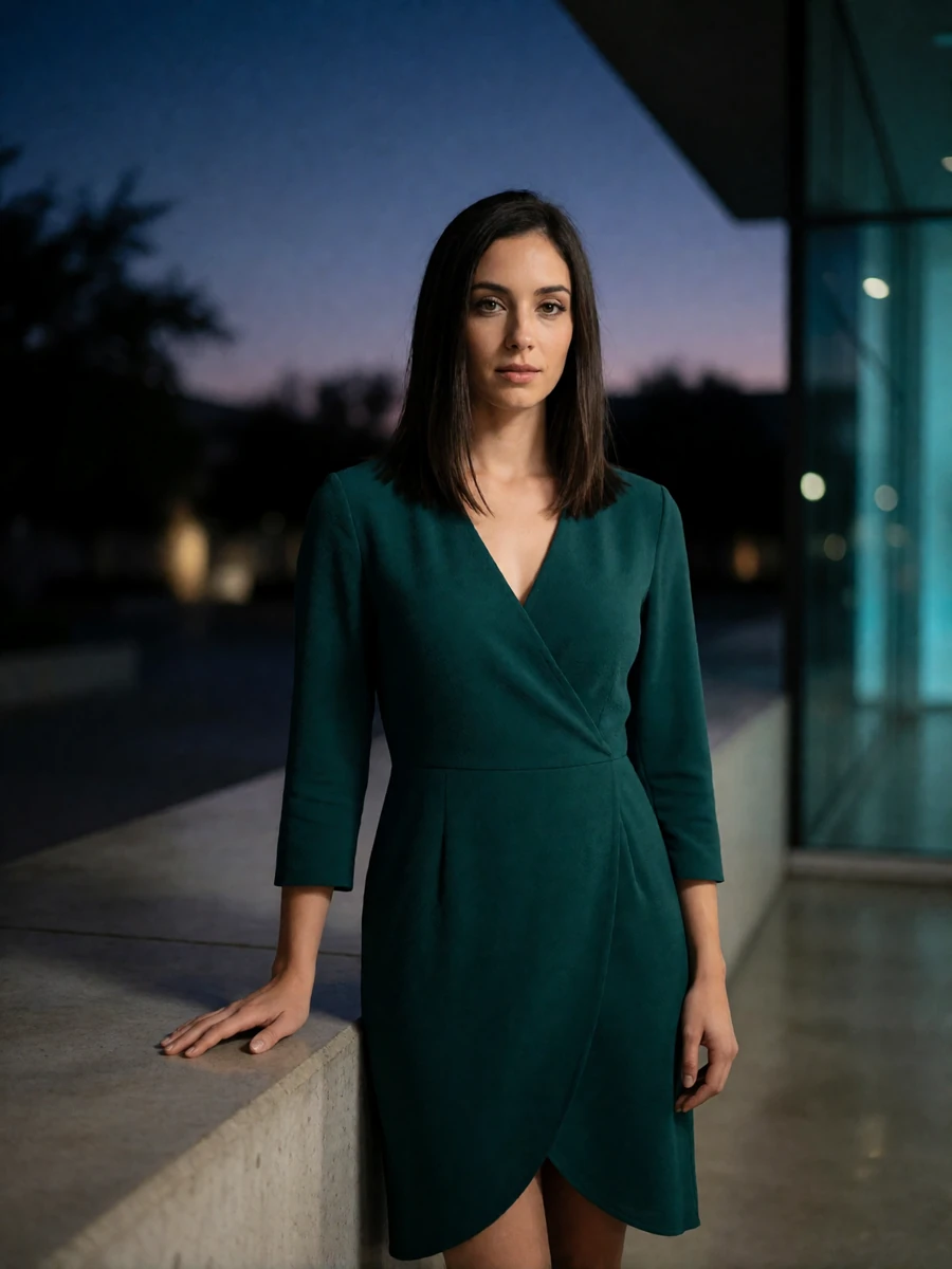 Woman in an emerald wrap dress standing in an open-air Dallas Arts District plaza at dusk