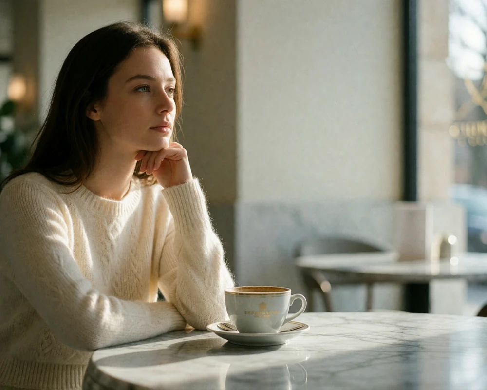 Woman with a coffee at a marble café table, thoughtful expression, soft natural light
