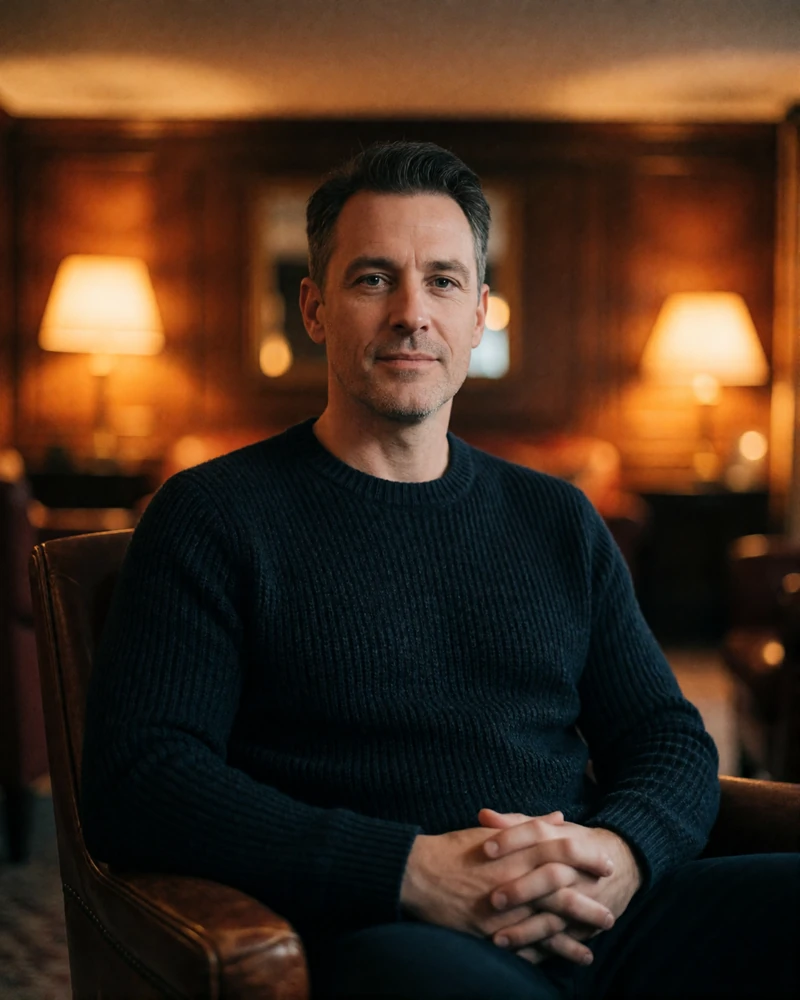 Man in a dark knit sweater seated in a leather club chair in a wood-panelled lounge
