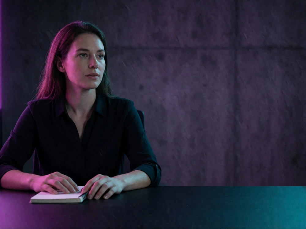 Woman working quietly at a minimalist dark desk in a low-lit modern office lounge