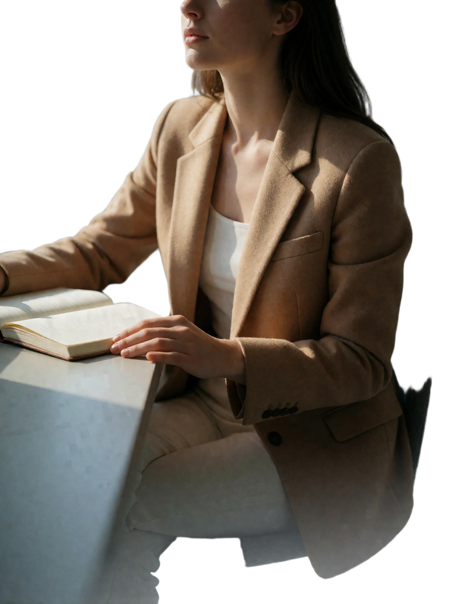 Woman in a camel blazer seated at a desk with an open notebook, thoughtful expression
