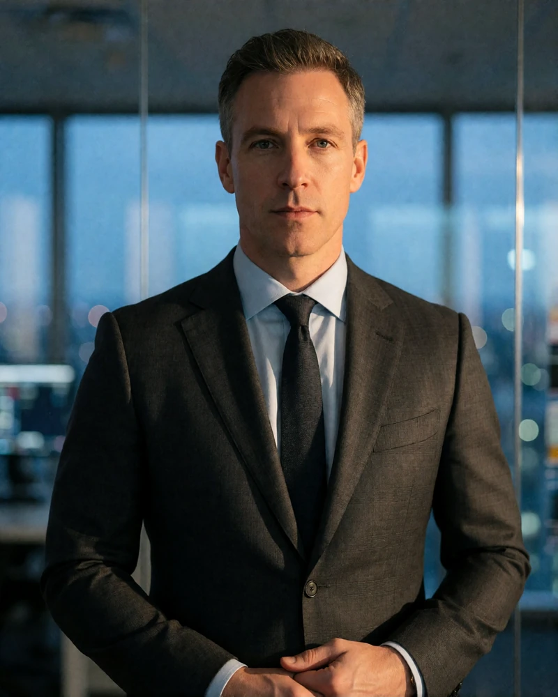 Man in a charcoal suit in a modern office at dusk with a blurred city skyline behind him