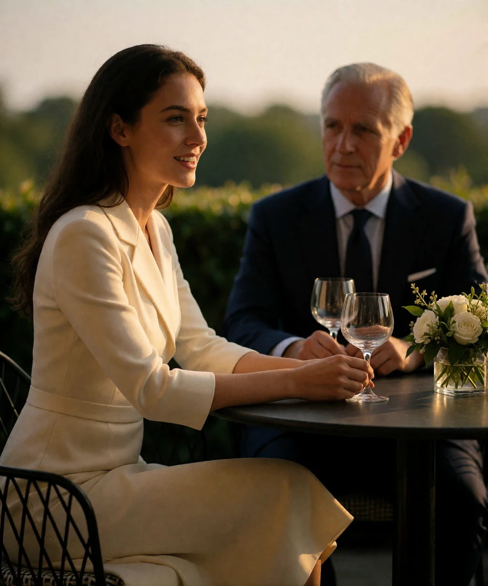Woman in an ivory dress and a man in a navy suit talking over drinks at a small table on a private terrace