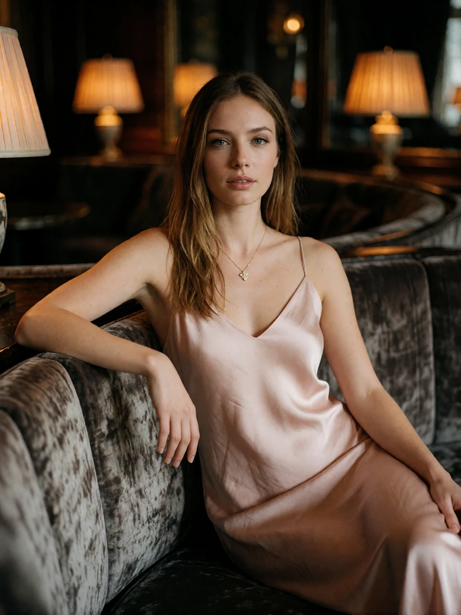 Woman in a blush silk slip dress seated on a velvet banquette in an upscale Orlando lounge