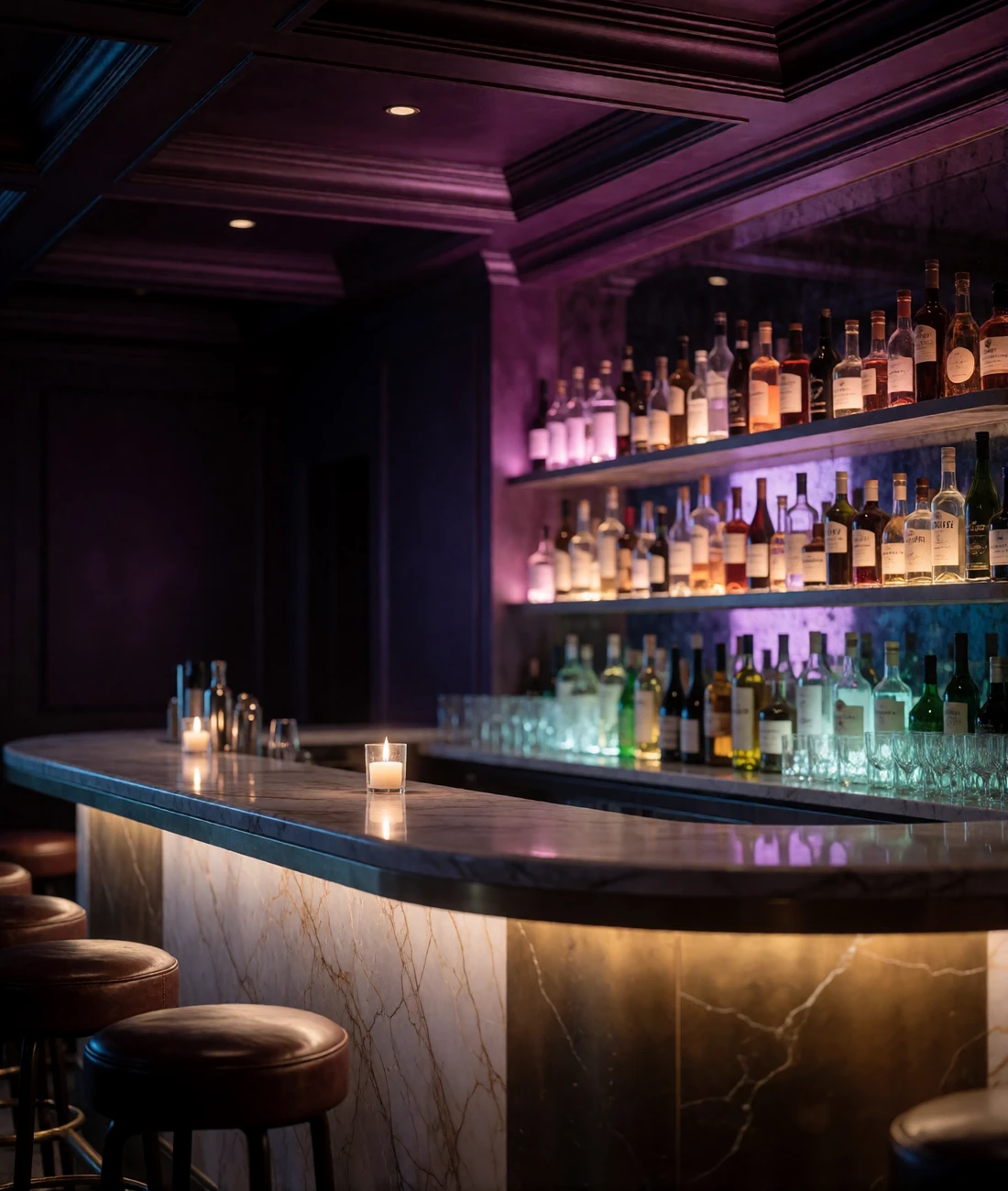 Intimate high-end cocktail bar interior at night with a curved marble counter and backlit bottle shelving on the Las Vegas Strip