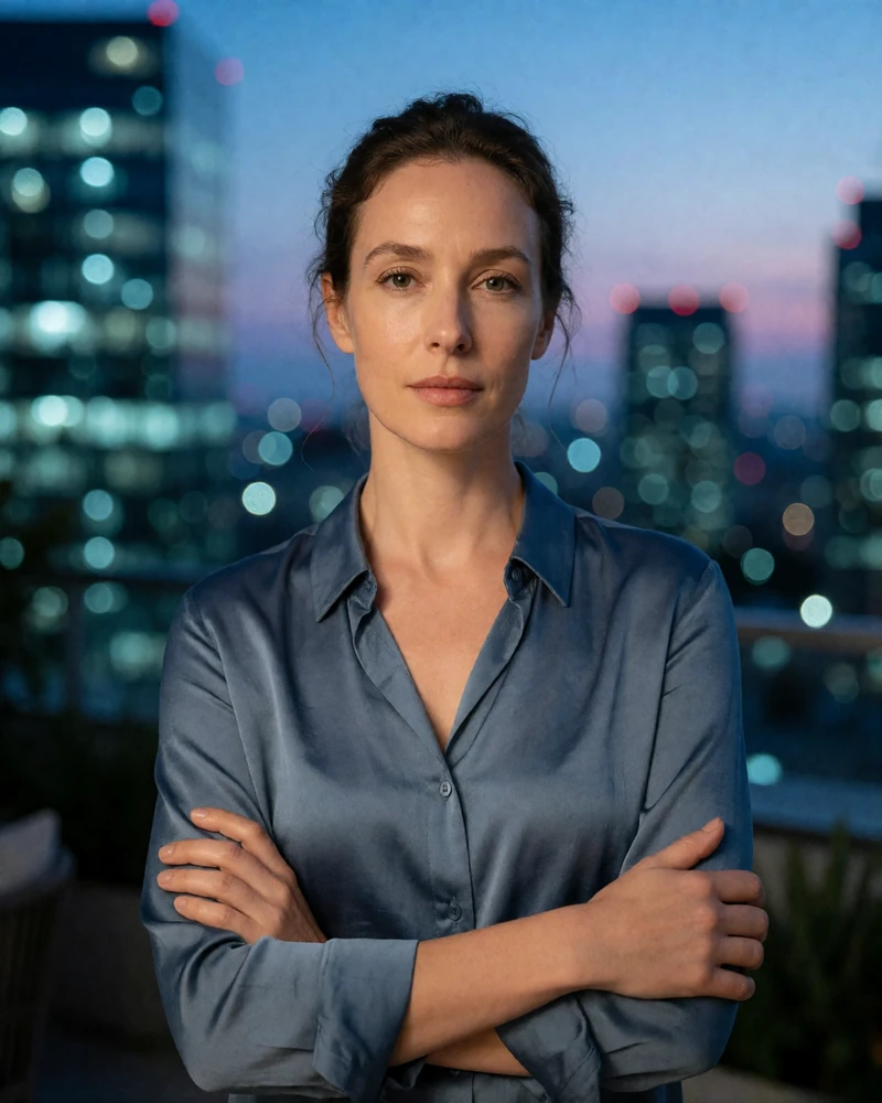 Woman in her late thirties in a slate blue silk shirt on a private terrace at blue hour