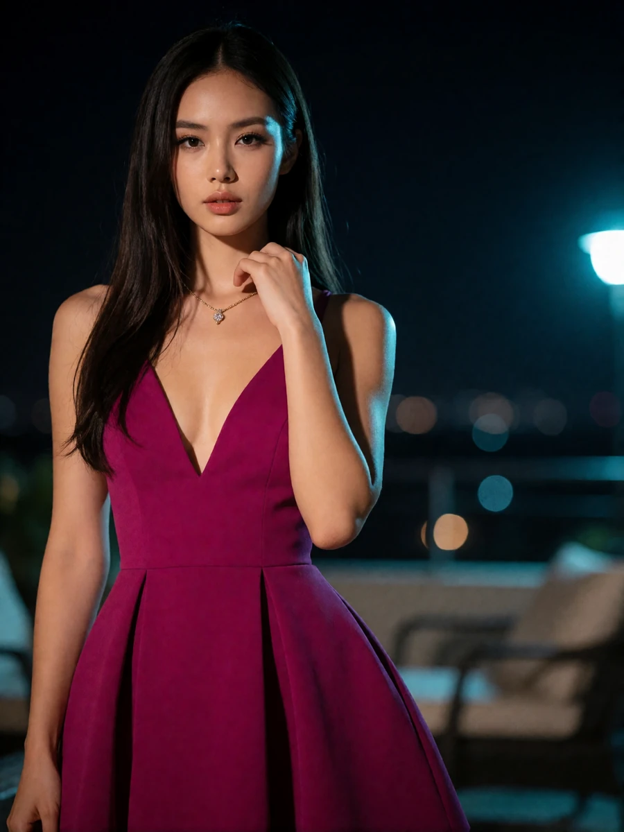 Woman in a magenta cocktail dress on an evening terrace