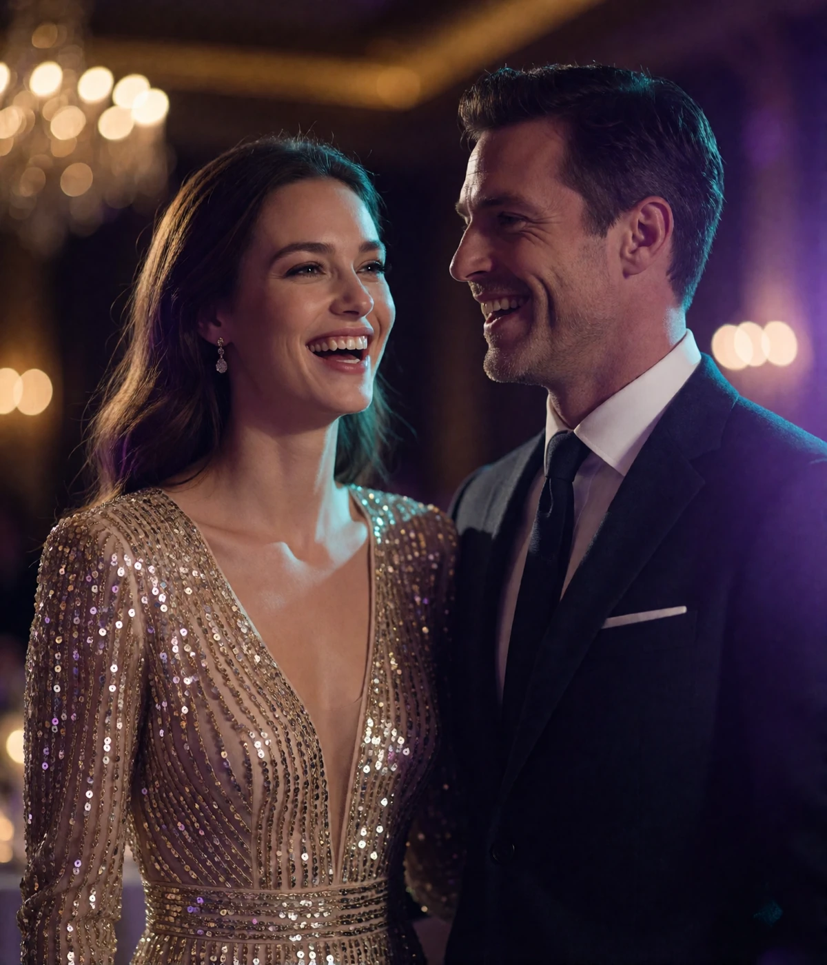A smiling couple in evening wear at an elegant event