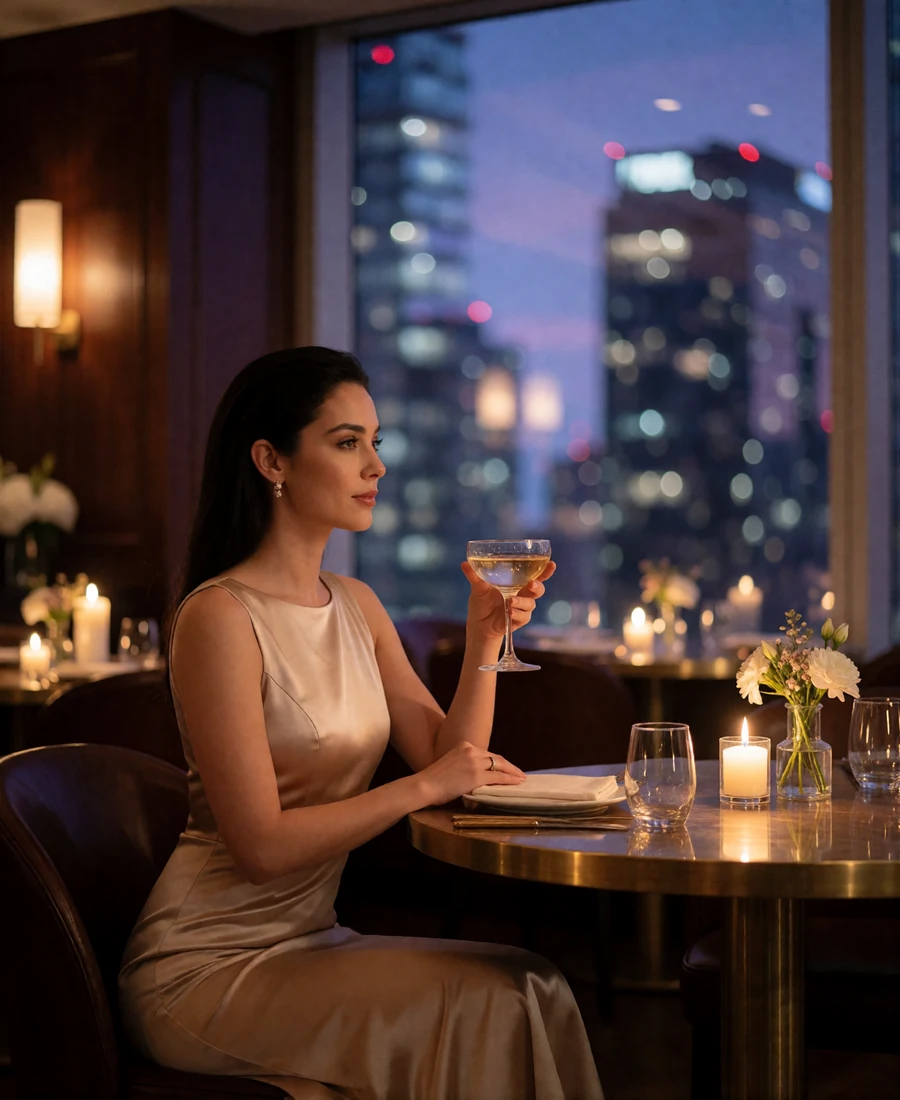 A composed woman seated at a dimly lit upscale bar counter