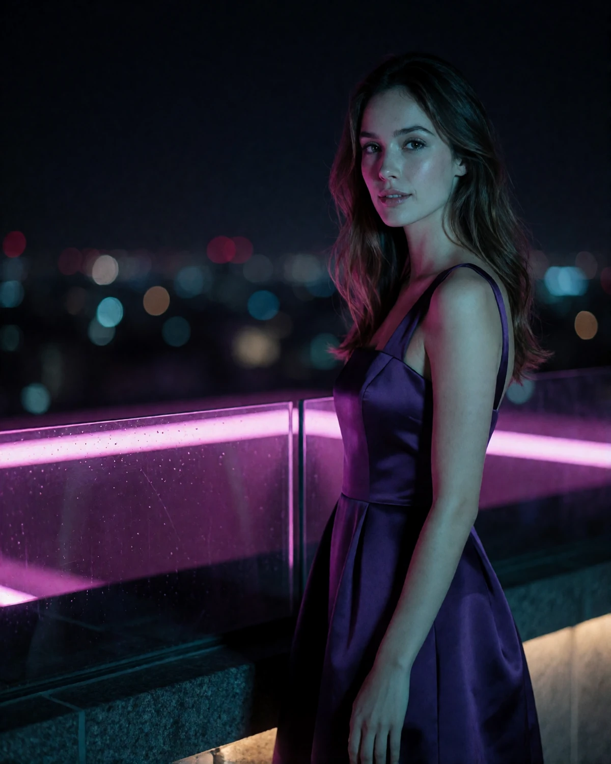 Woman in a violet evening gown at a night restaurant