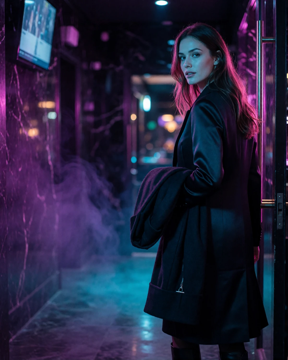 Woman in a tailored black silk blazer in a hotel lobby