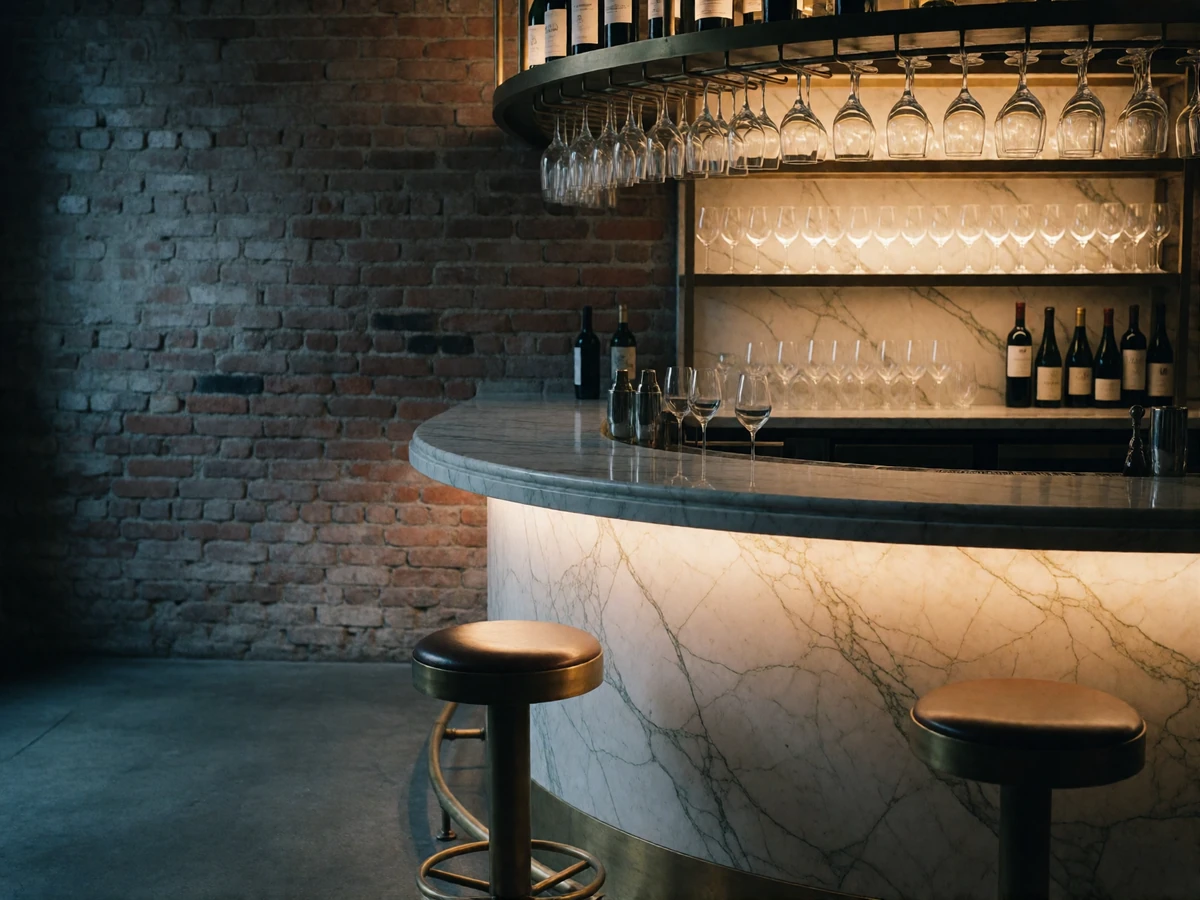 Intimate marble wine bar interior in Atlanta with softly lit glassware and empty stools