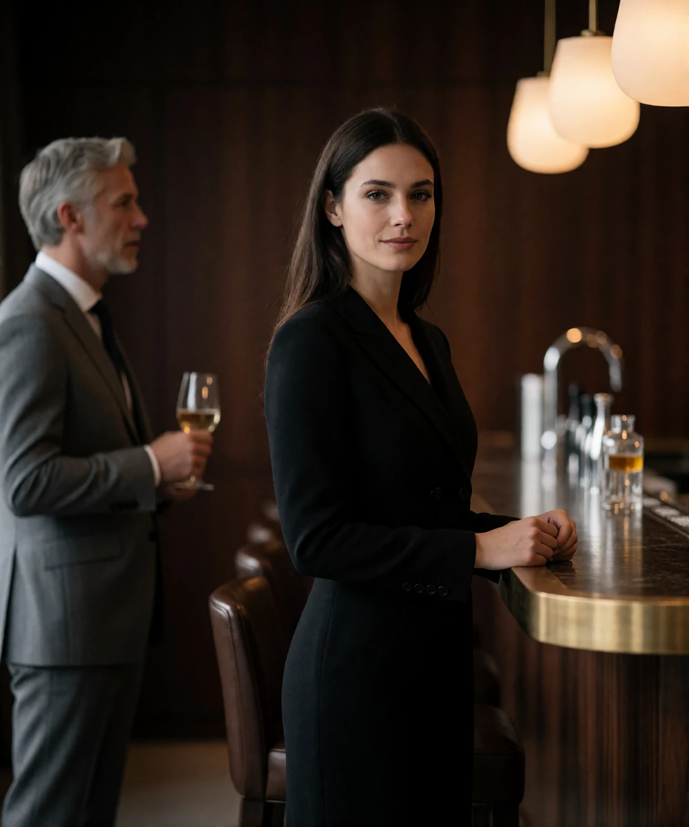Woman in a black tailored dress standing beside a bar table in a quiet executive lounge with warm lamplight