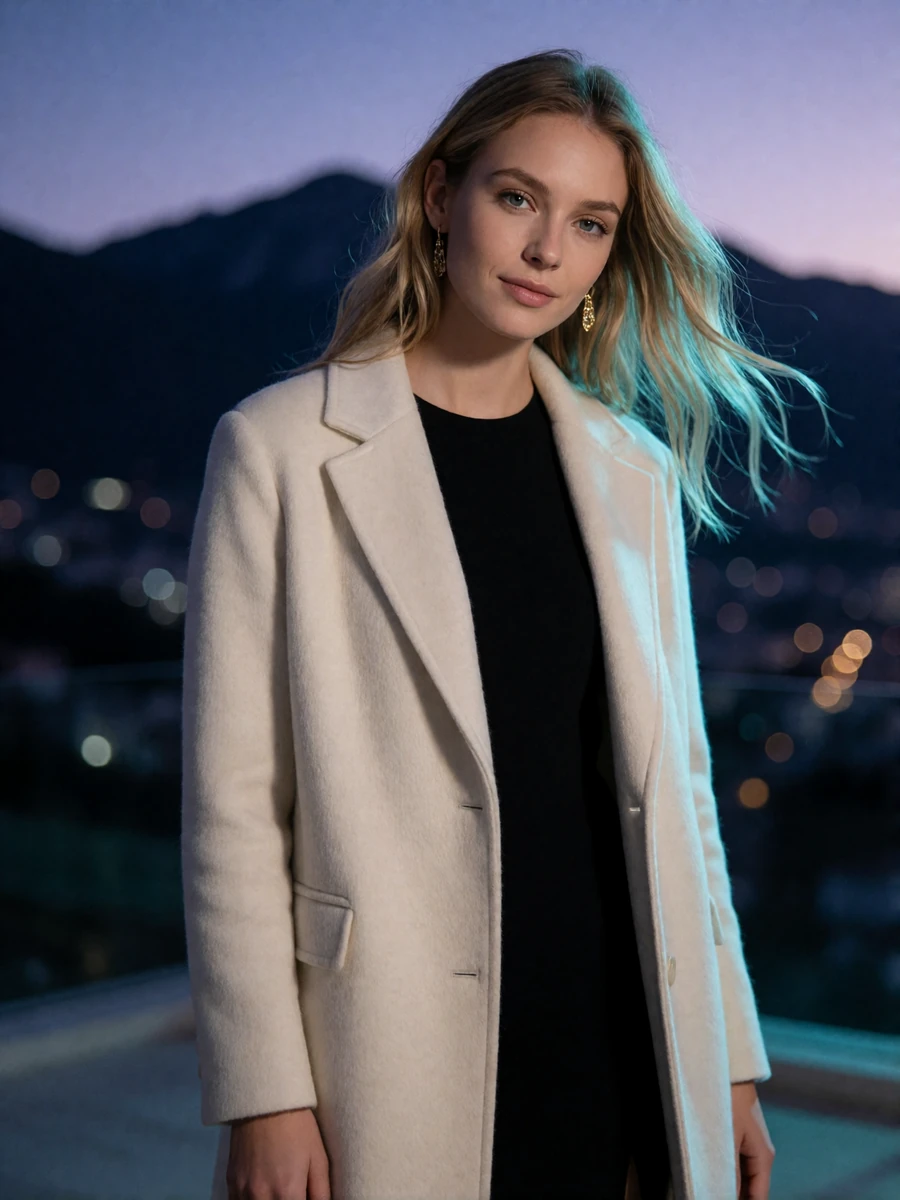 Woman in a cream cashmere coat on a mountain-view terrace in Denver at dusk