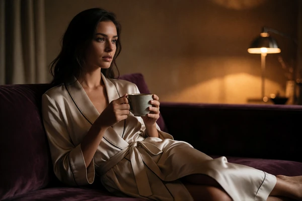 Woman in a silk robe relaxing with a ceramic cup on a velvet sofa in a dim designer apartment
