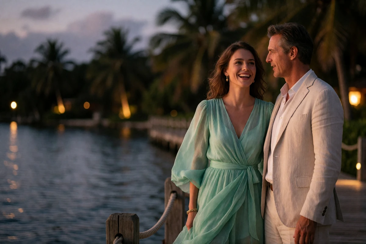 Couple in evening wear talking closely on a lakeside boardwalk in Orlando at twilight