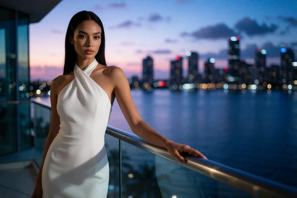 Woman in a fitted white halter dress standing on a high Brickell balcony overlooking Biscayne Bay at dusk