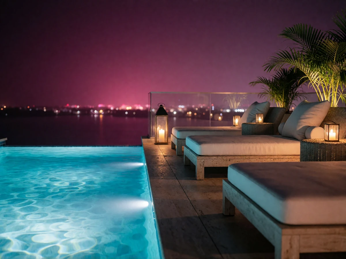Rooftop pool lounge in Miami with lit water and low daybeds at night, no people present