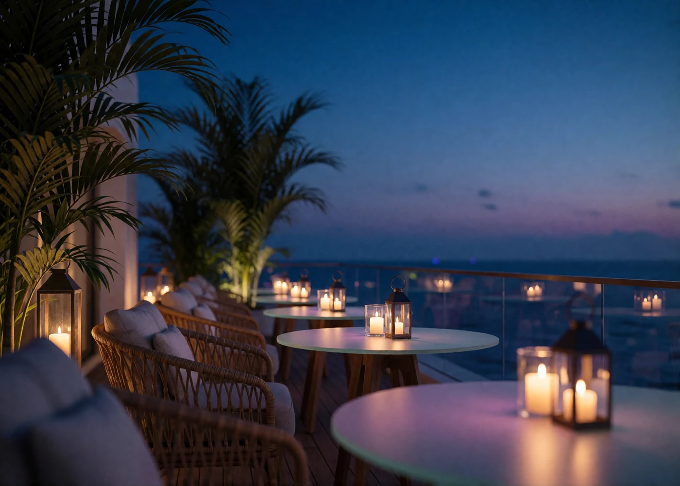 Empty upscale open-air terrace lounge in Central Florida at blue hour with rattan seating and candlelit tables