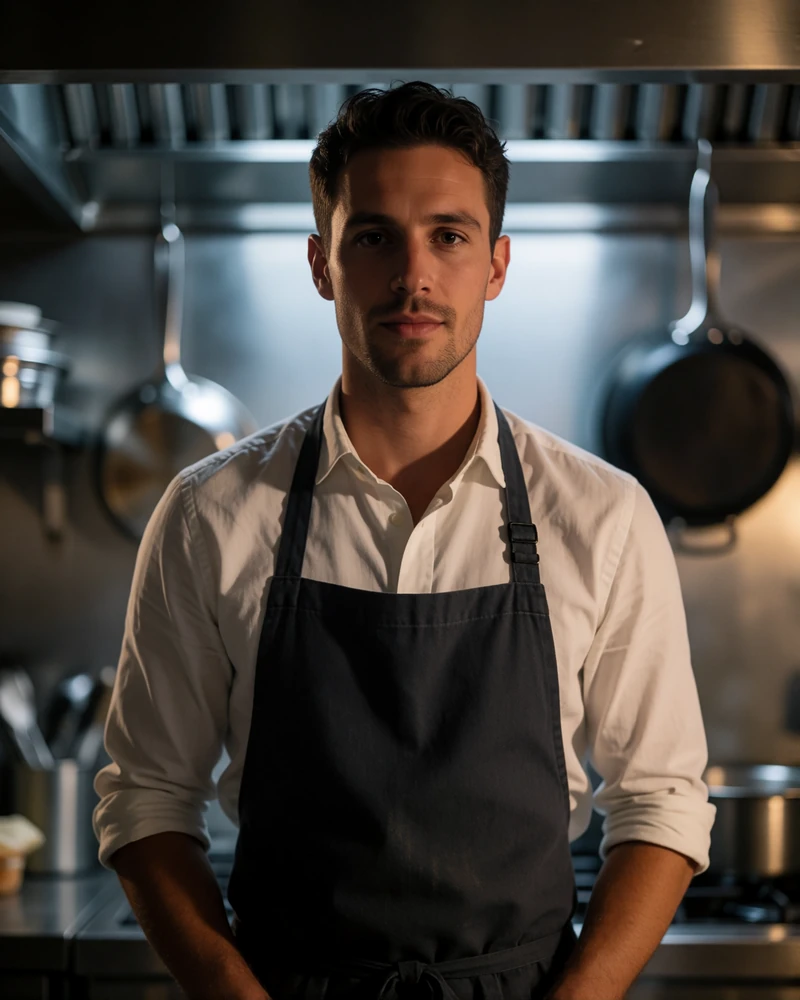 Man in his late twenties in a dark apron standing in a professional kitchen at night