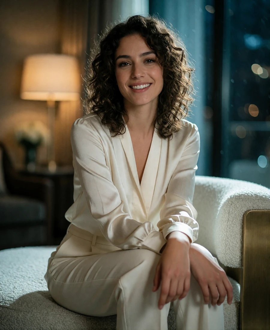 Woman in an ivory silk blouse seated in a warmly lit hotel lounge in Atlanta