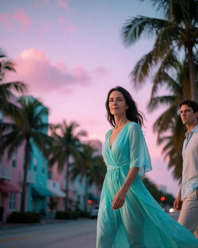 Woman in a turquoise dress walking a palm-lined Miami boulevard at dusk with a younger man a step behind
