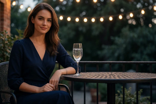 Woman in a navy wrap dress relaxing at an outdoor terrace table at dusk