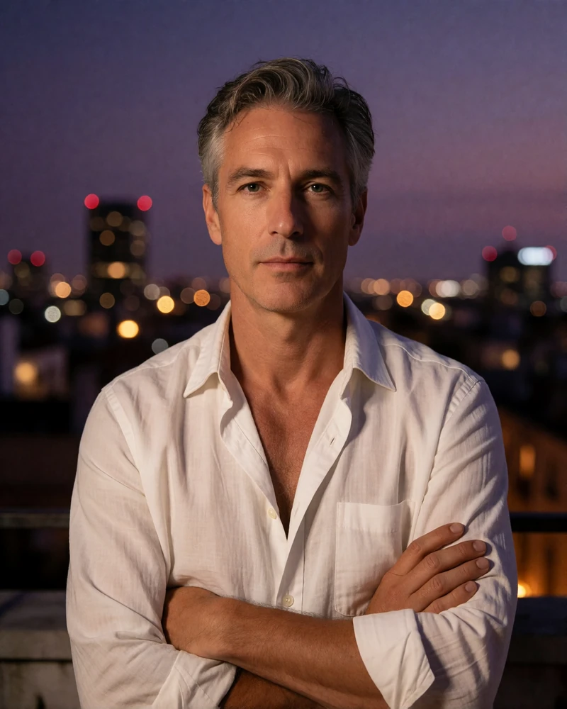 Man with greying temples in an open-collar white shirt on a rooftop terrace at dusk