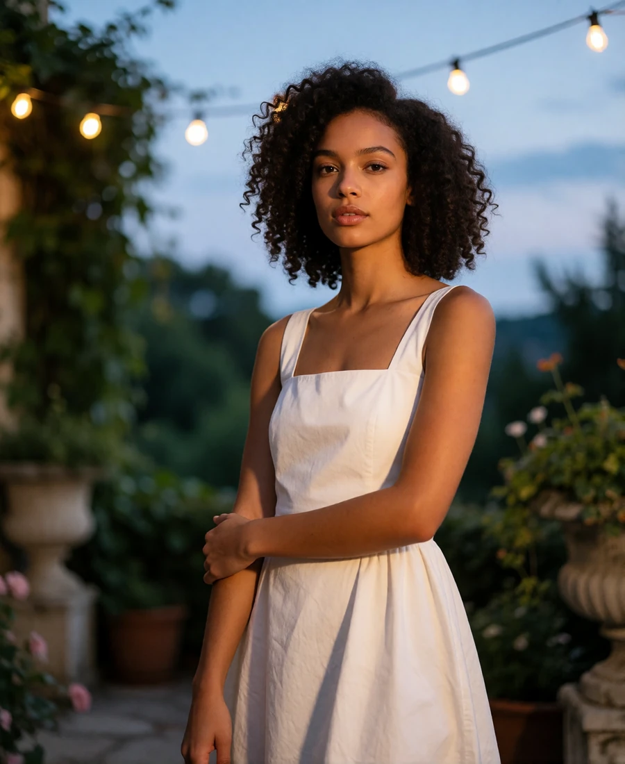 Woman in a white column dress on a blurred garden terrace at dusk with soft ambient lighting
