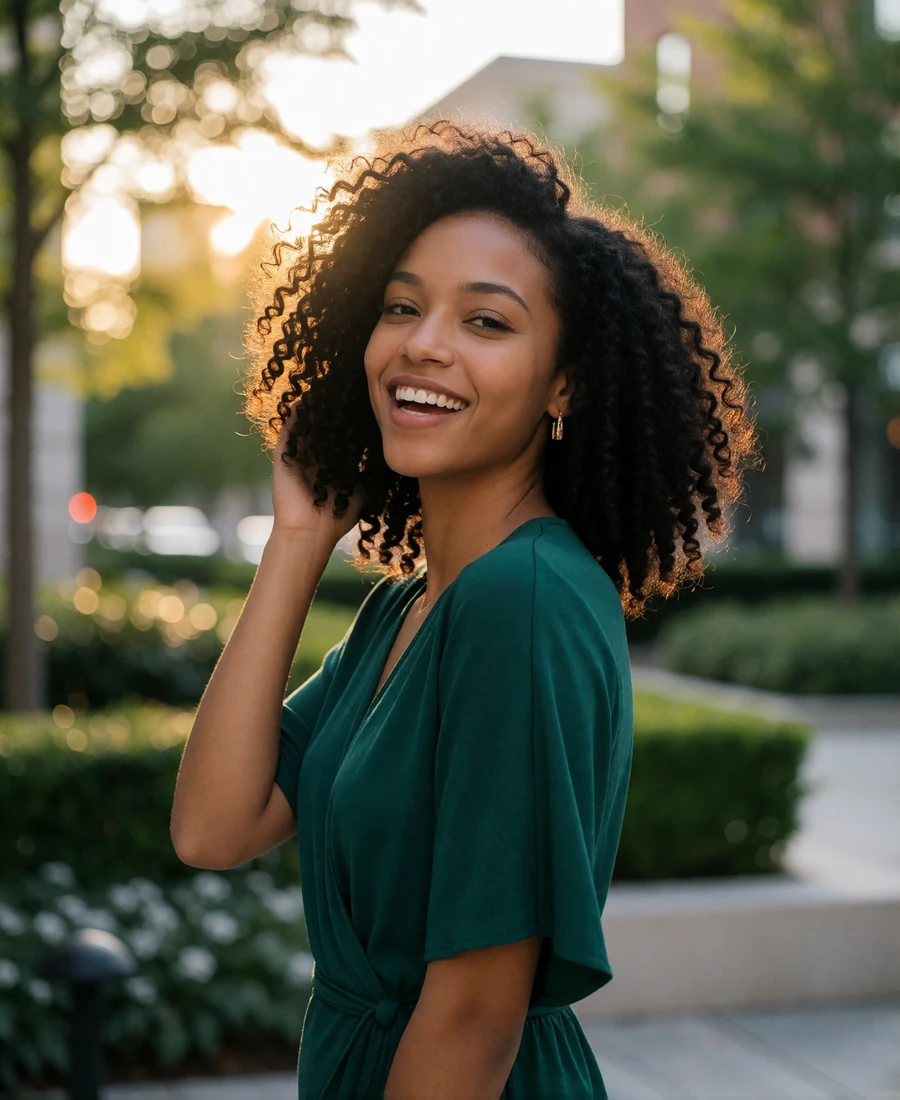 Woman with voluminous curly black hair laughing in a landscaped courtyard at golden hour
