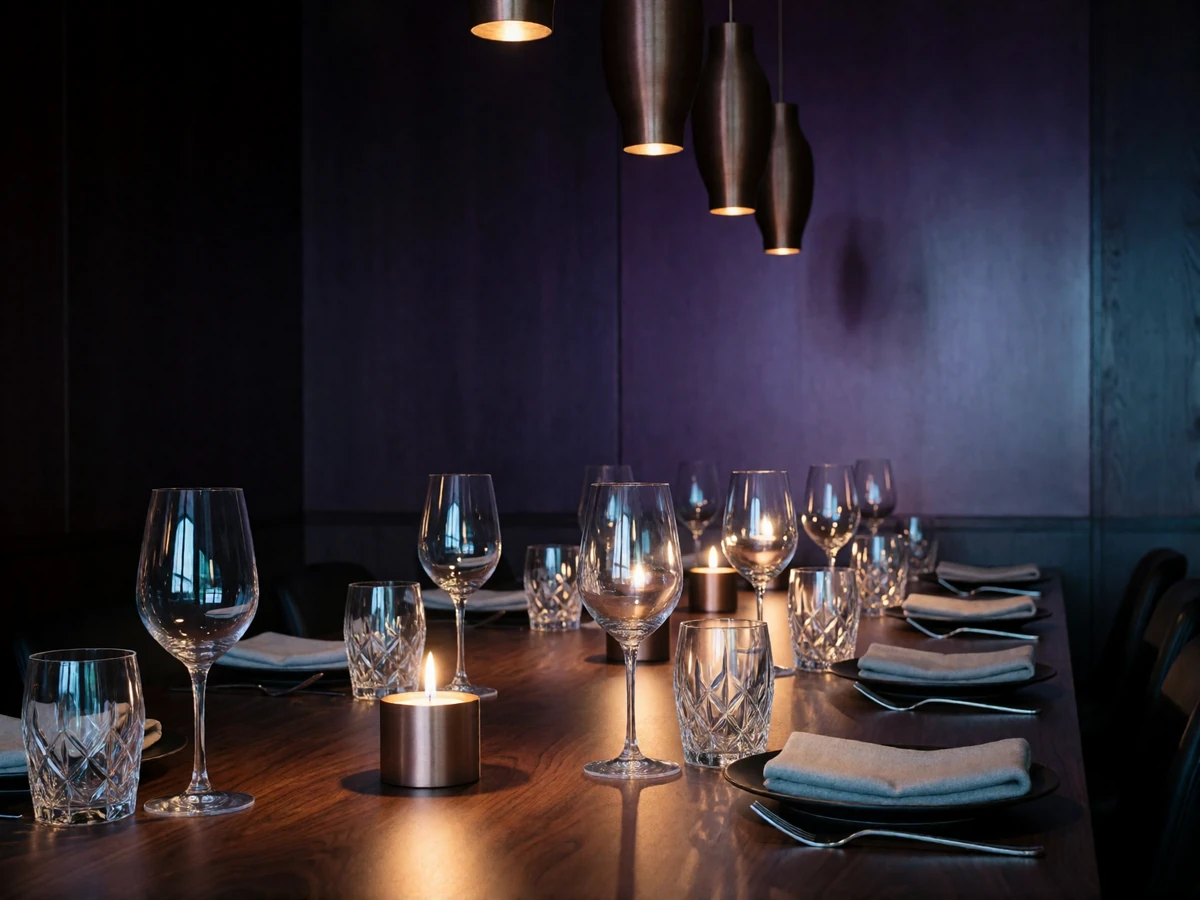 Private dining room of an upscale Dallas steakhouse at night with a long walnut table set in candlelight
