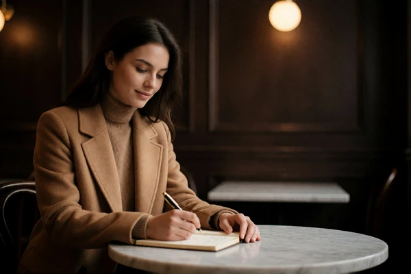 Young woman in a camel coat writing in a notebook at a marble table in a dim upscale café