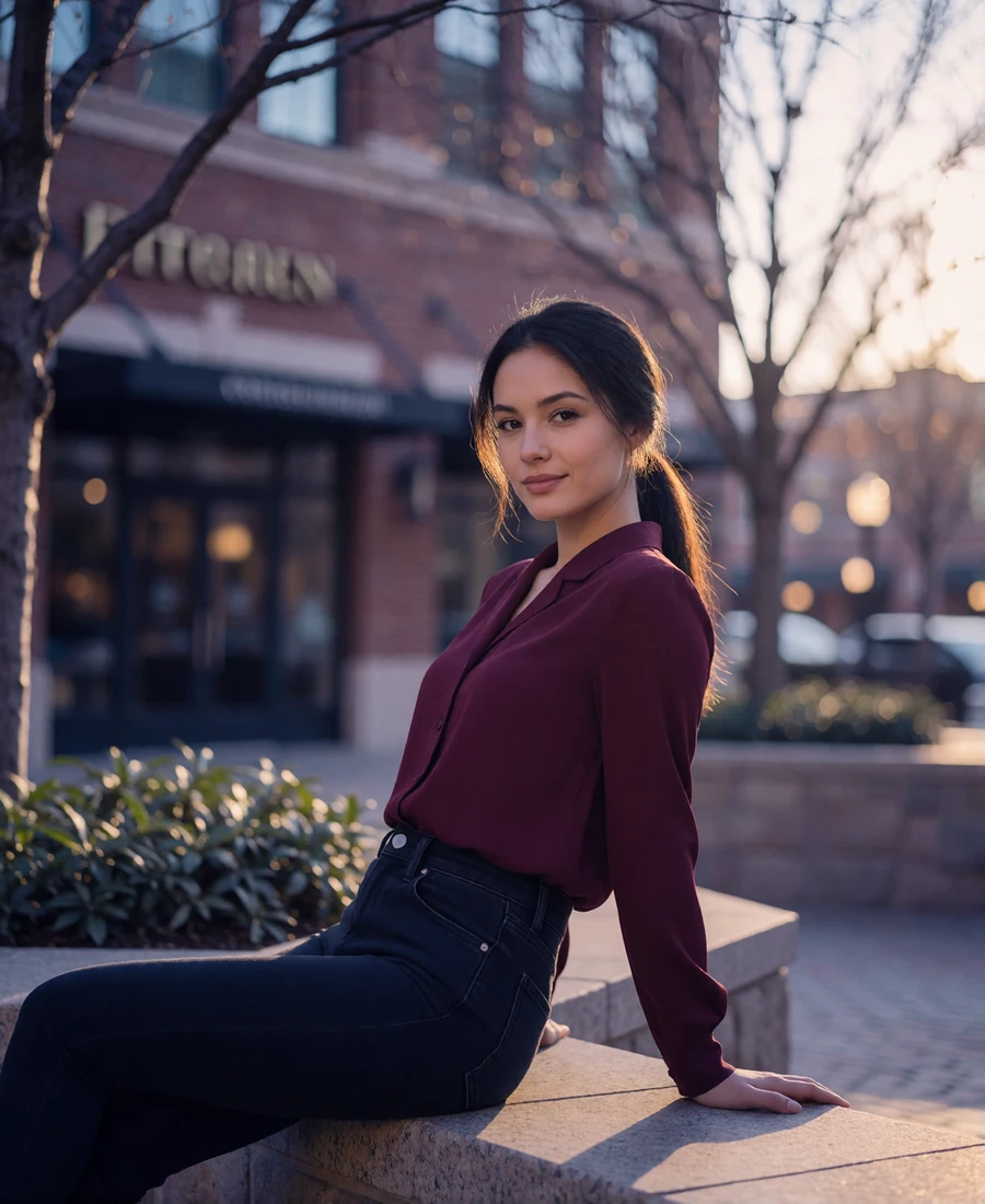 Woman with dark hair in a low ponytail seated on a stone planter in an upscale Denver plaza