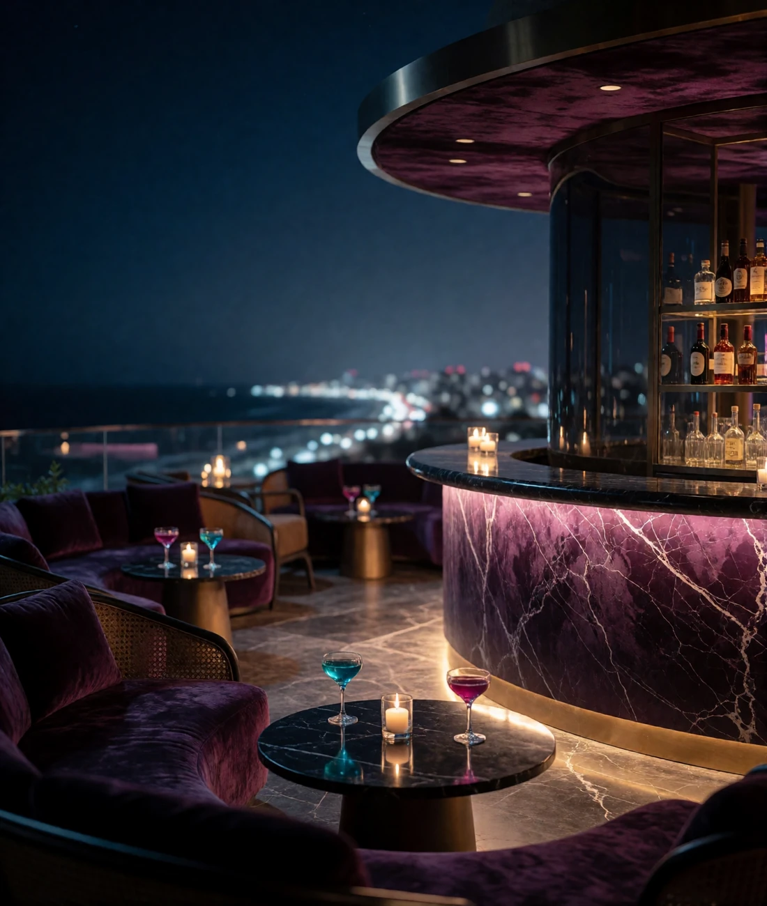 Open-air Miami rooftop lounge at night with velvet seating, a curved bar and a blurred coastal skyline beyond