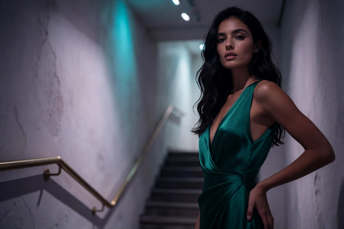Woman in a deep emerald silk gown in a high-ceilinged New York art gallery foyer at night