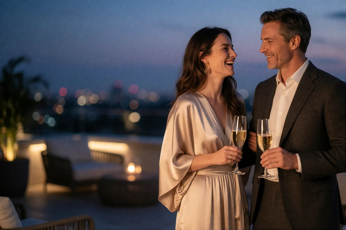 Couple toasting with sparkling wine on a Chicago rooftop lounge at dusk
