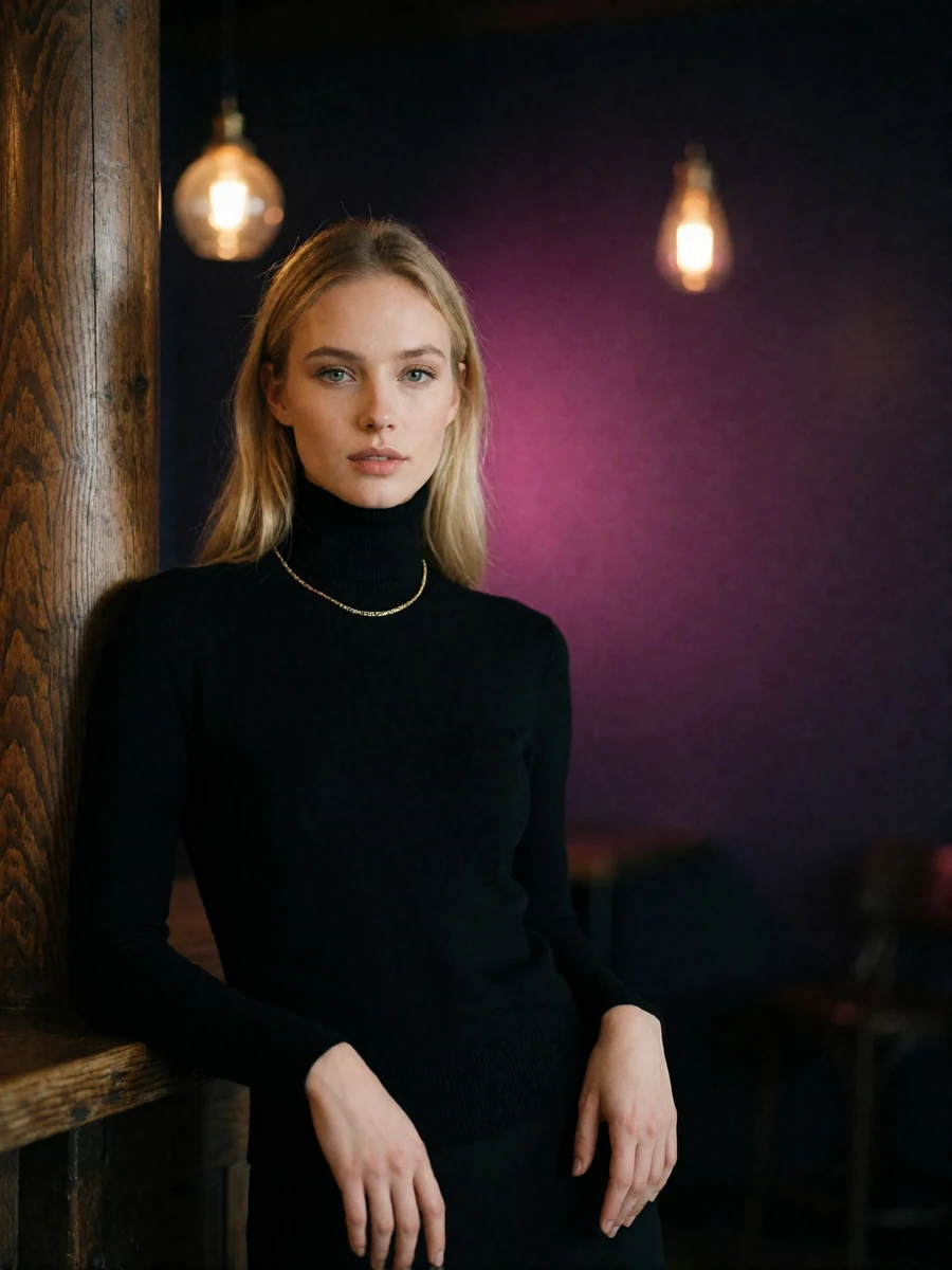 Blonde woman in a black turtleneck leaning against a timber column in a dark Portland wine bar