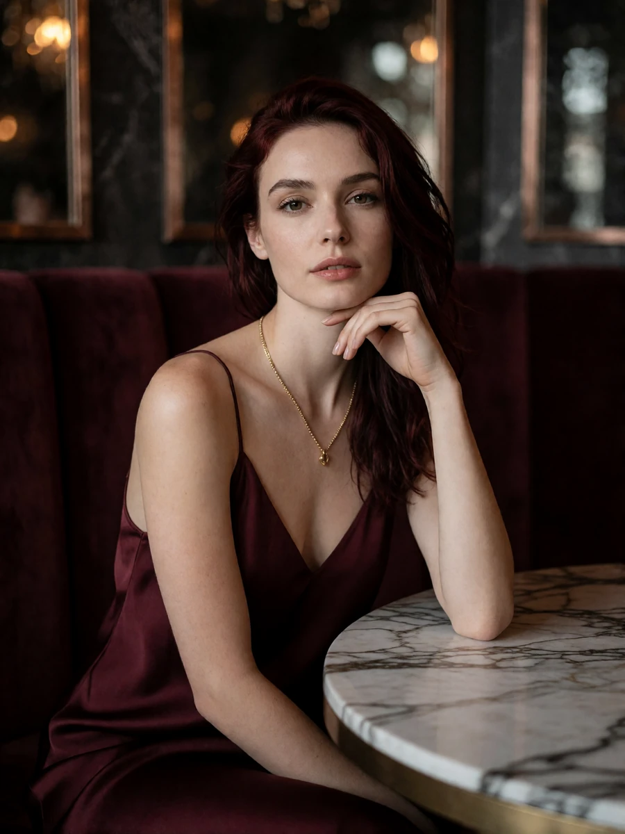 Woman in a burgundy silk slip dress seated at a marble table in a dim upscale Chicago lounge