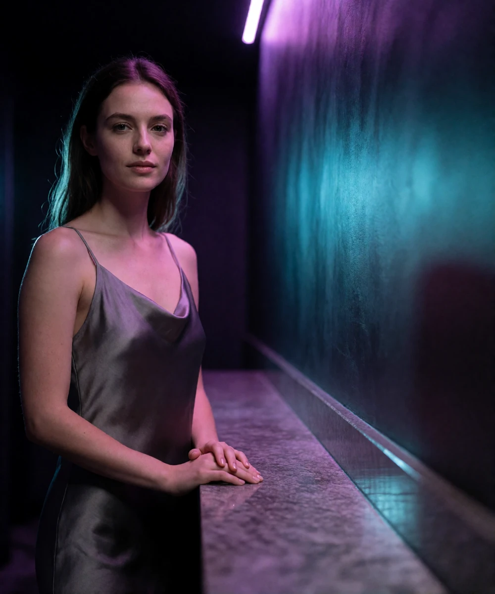 A composed woman standing in a dark hotel corridor lit by violet and cyan light, representing a verified sugar dating member