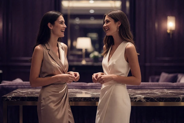 Two young women in cocktail attire talking beside a marble console table in an upscale hotel lobby