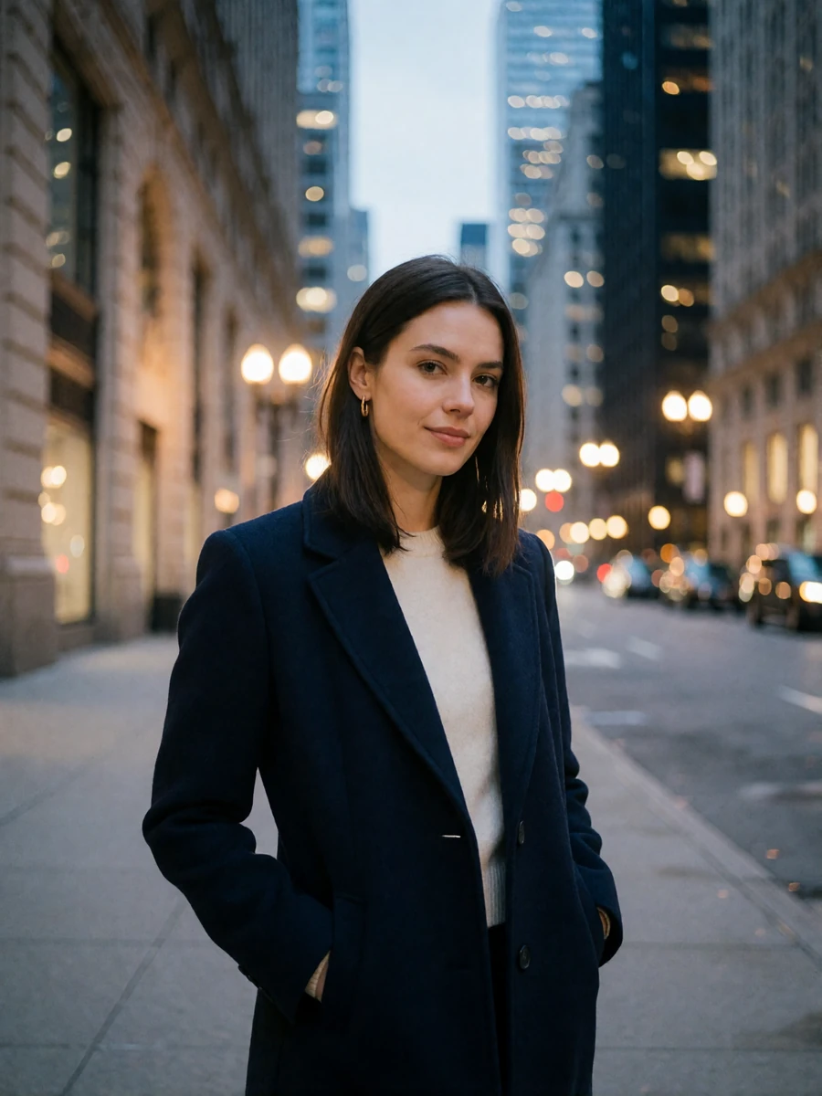 Woman in a tailored navy wool coat standing on a Chicago sidewalk at blue hour