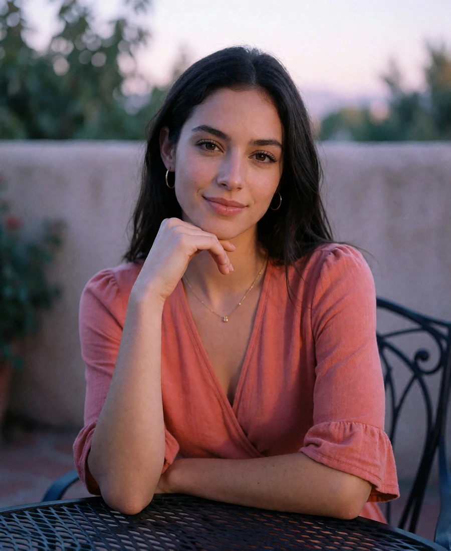 Woman with long dark hair smiling at an outdoor terrace table in warm evening light