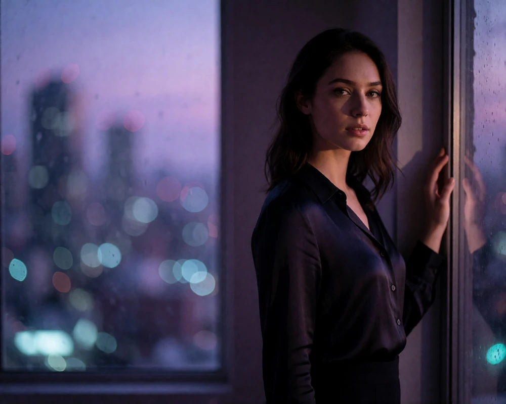 Woman in a dark silk blouse standing beside a tall apartment window at dusk with city lights blurred behind her