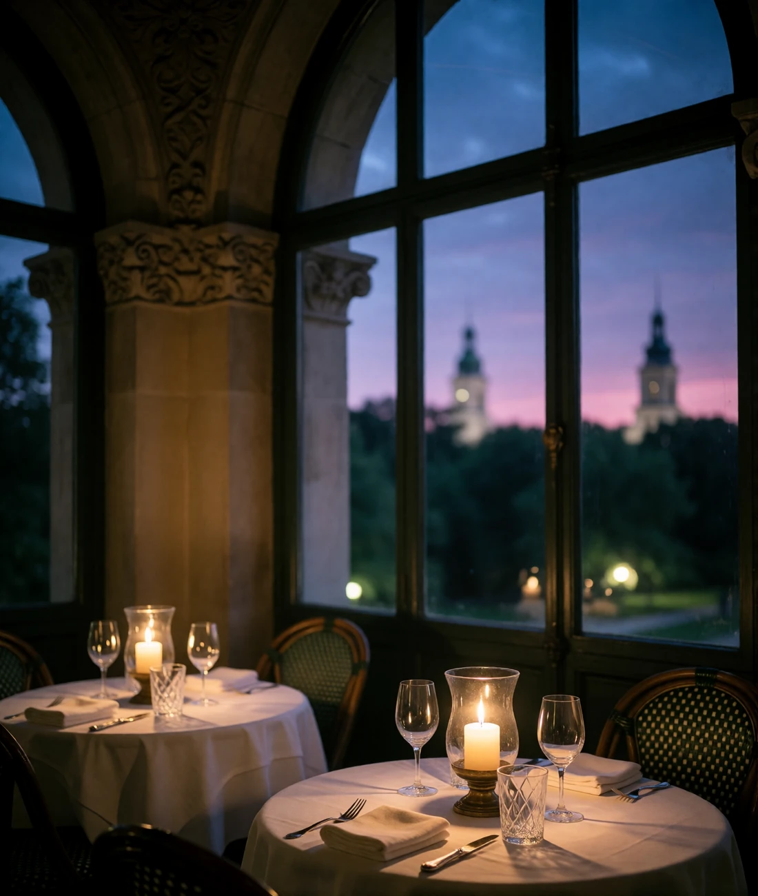 Candlelit terrace dining room of an upscale New York restaurant with white linen tables and a dusk skyline through arched windows