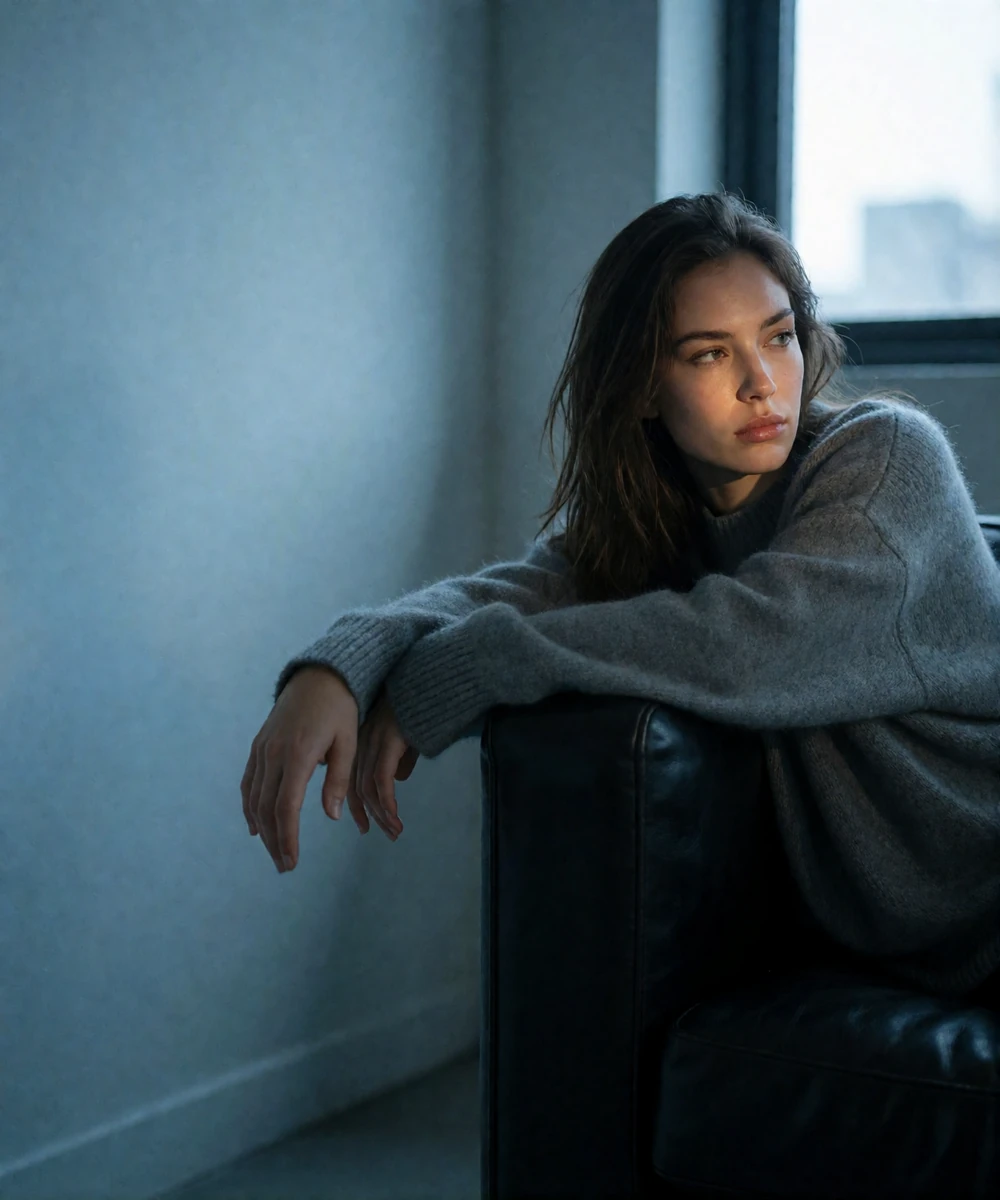 Woman in an oversized grey knit sitting on the arm of a dark leather sofa, looking away with a weary expression