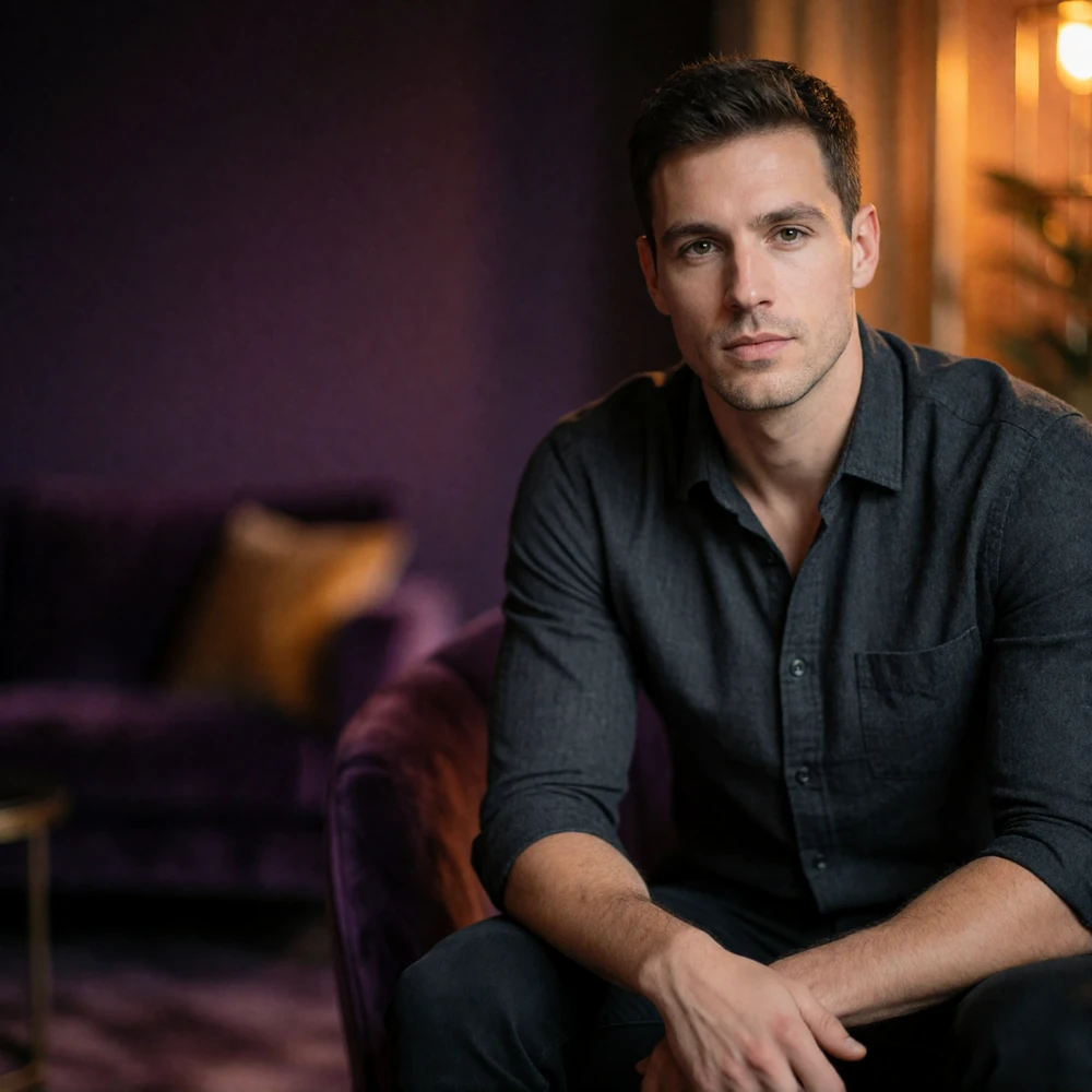 Man in his late twenties in a dark charcoal shirt seated in a velvet chair in a private lounge
