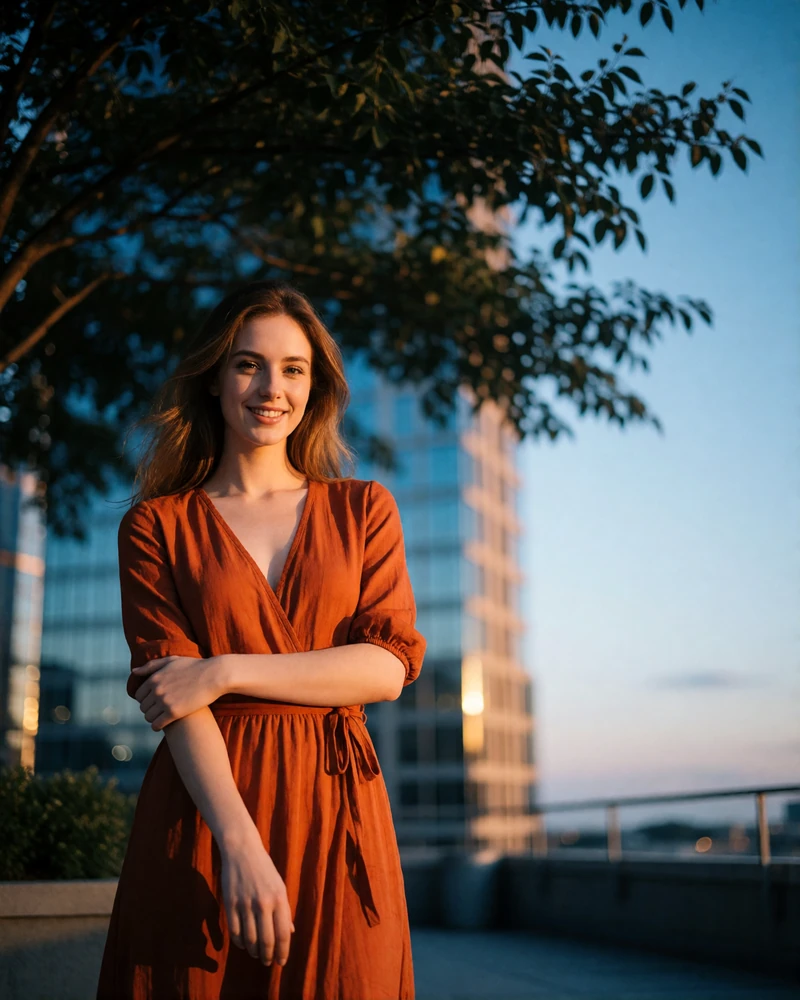 Woman in a burnt orange dress standing on an Atlanta rooftop at blue hour